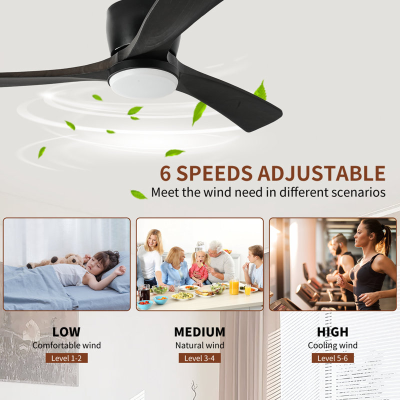 Solid Wood Ceiling Fan With Light-Flush Mount, Dc Motor, Black, Black