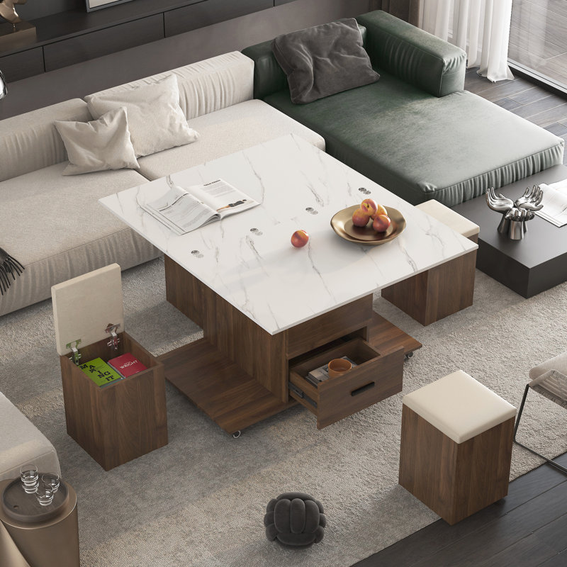 Table basse relevable avec 4 tabourets et 1 rangement caché, Brun