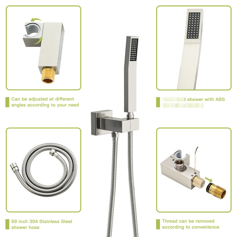 12" Ceiling Mount Shower System In Brushed Nickel - Square With Waterfall Tub Spout 3 Function, Rainfall & Handheld Valve Easy To Install And Sanitize Effectively 12 Inch Mounted Straightforward