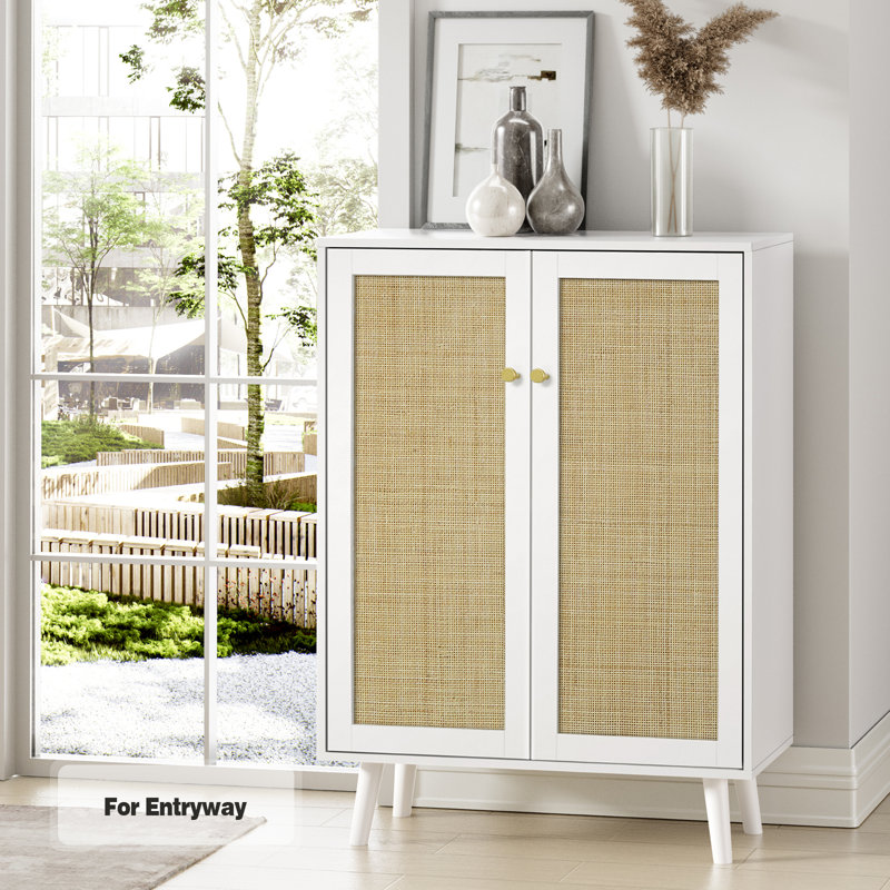 White Freestanding Rattan 2-Door Accent Cabinet with Adjustable Shelves