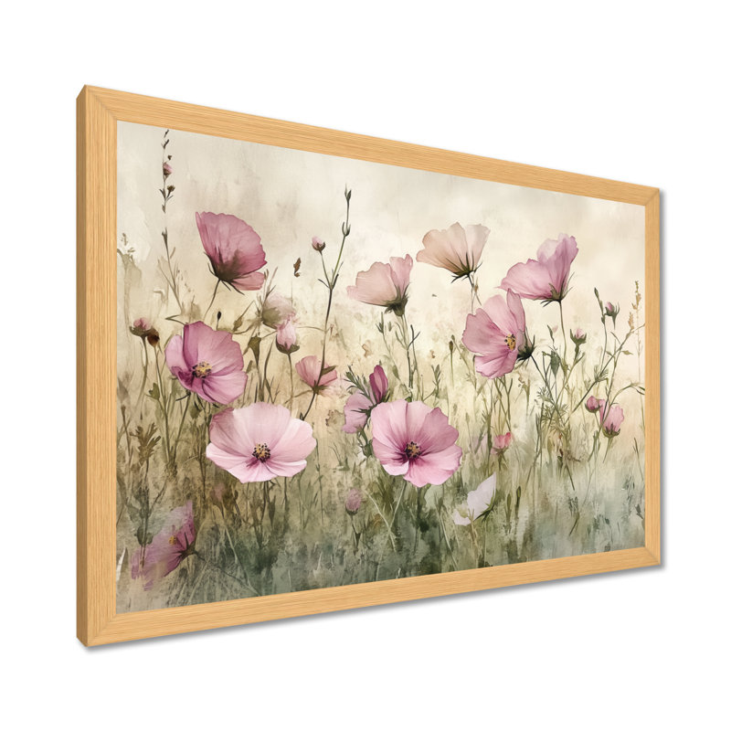 Champ de coquelicots rose pâle et vert blush « Murmure de pavot II » - Tableau encadré de coquelicots, H 12 po x l 20 po