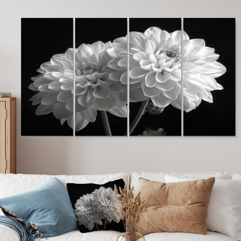 Monochromes blanc noir, «Mums Botanical Beauty I», ensemble d'art mural, 28" H x  48" W