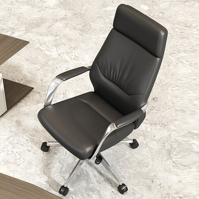 Chaise de bureau noire + argentée réglable en cuir véritable + similicuir + alliage d'aluminium