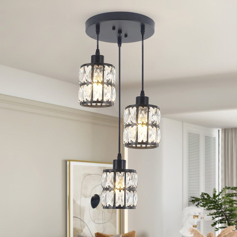 3 Light Farmhouse Pendant Light Adjustable Ceiling Hanging Lighting Fixture With K9 Crystals, Gold