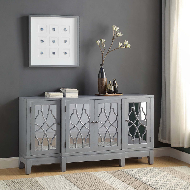 Armoire console assemblée avec rangement à 4 portes, 4 tablettes, pieds fuselés et portes à miroir