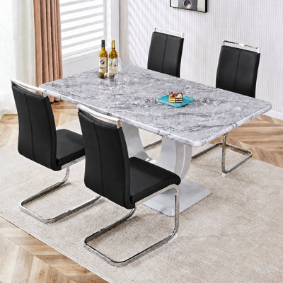 Modern 5-Piece Faux‑Marble Rectangular Dining Table Set with Cantilever Dining Chairs