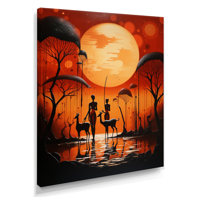 «Full Moon Simplicity Gazelles By The Pind», art mural africain, Toile tendue, H 20 po x l 12 po x P 1 po