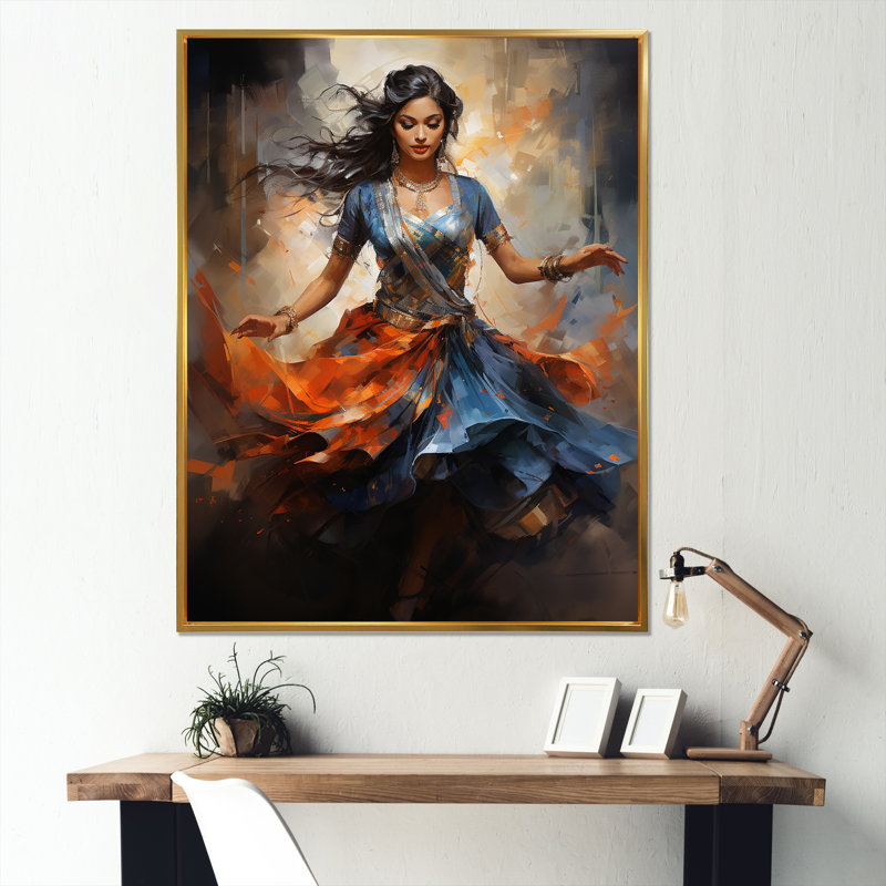 Art indien, Bharatanatyam Pose Dance IV - art mural indien, Cadre flottant doré, 44" H x 34" W