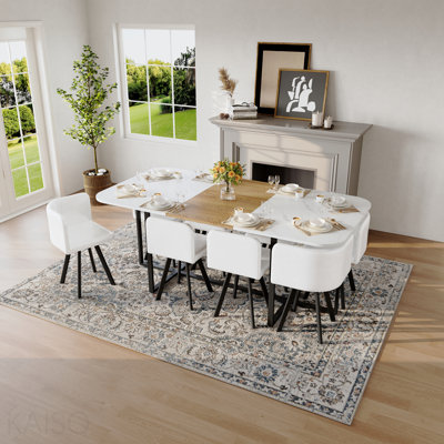 Ensemble de table de salle à manger 9 pièces, plateau de table fixe en simili marbre blanc et grain de bois avec 8 chaises en similicuir blanc, ensemble de table de cuisine moderne pour 8 personnes, idéal pour les réunions de famille