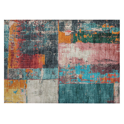 Machine Washable Indoor/Outdoor Xhevrie Teal Rug