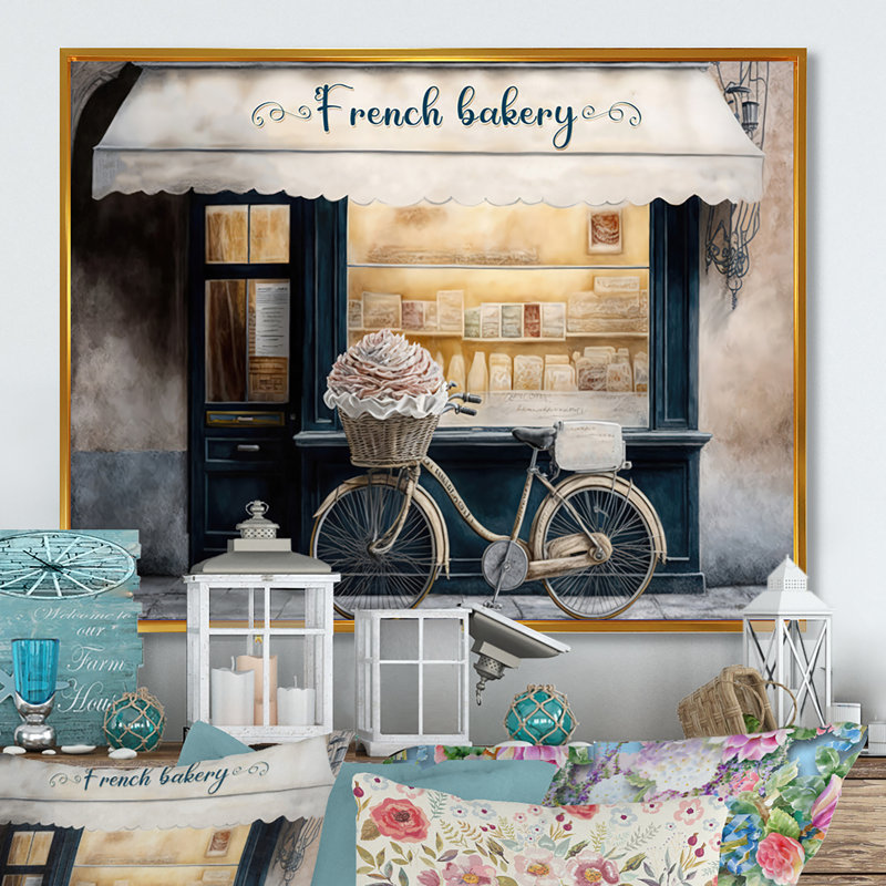 «Bicycle in Front a French Bakery IV», reproduction sur toile, H 24 po x l 32 po x P 1 po, Toile avec cadre flottant or