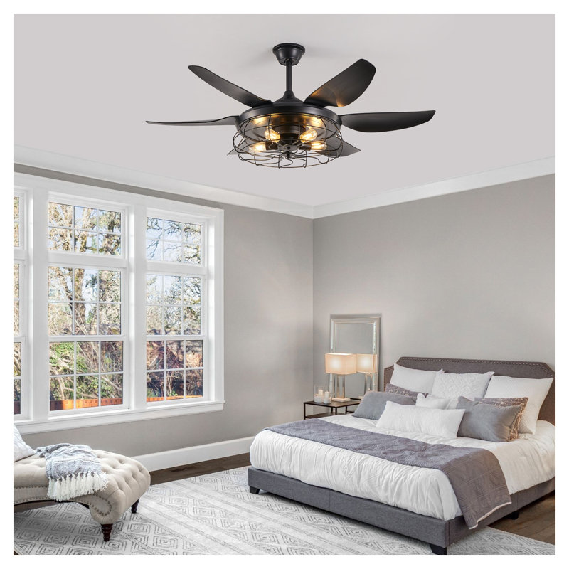Ventilateur de plafond industriel noir 52 po avec lumière et télécommande - Conception de cage moderne, moteur CC silencieux à 6 pales pour le salon et la chambre à coucher