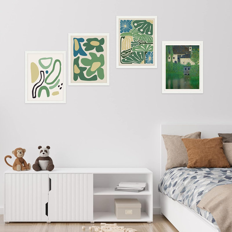 Décoration de salle de bain Bureau, motif géométrique de fleurs vertes, forme abstraite, minimalisme, relaxation / zen, impression sur papier encadrée de 4 pièces