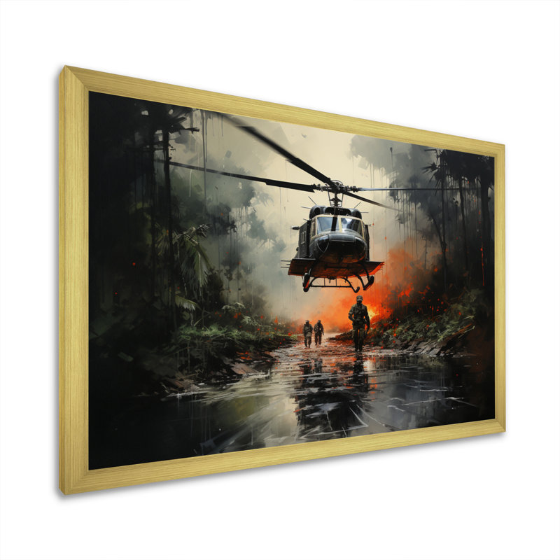 «Military Helopter In Vietnam War», reproduction sur toile, Encadrement doré, H 30 po x l 40 po x P 1,5 po