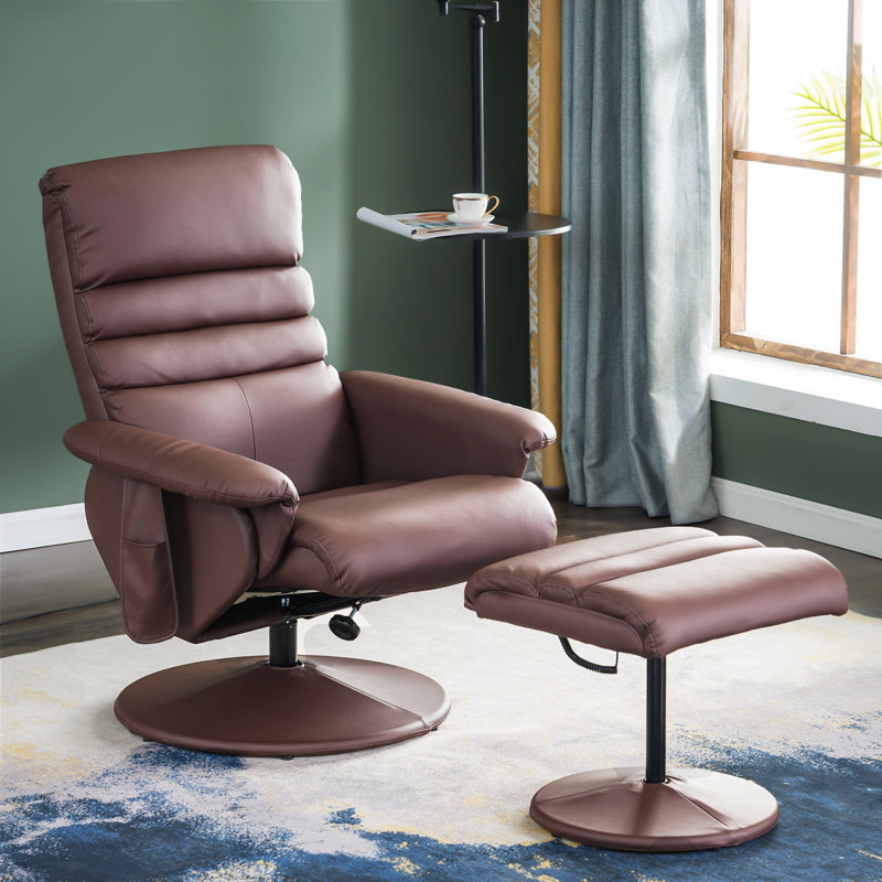 Airanna Recliner with Ottoman, Reclining Chair with Massage, 360 Swivel Chair,  Faux Leather, Light Brown Faux Leather