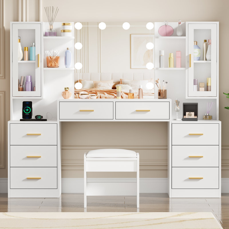 Grande table de coiffeuse 59,1 po avec miroir et lumières Adriel