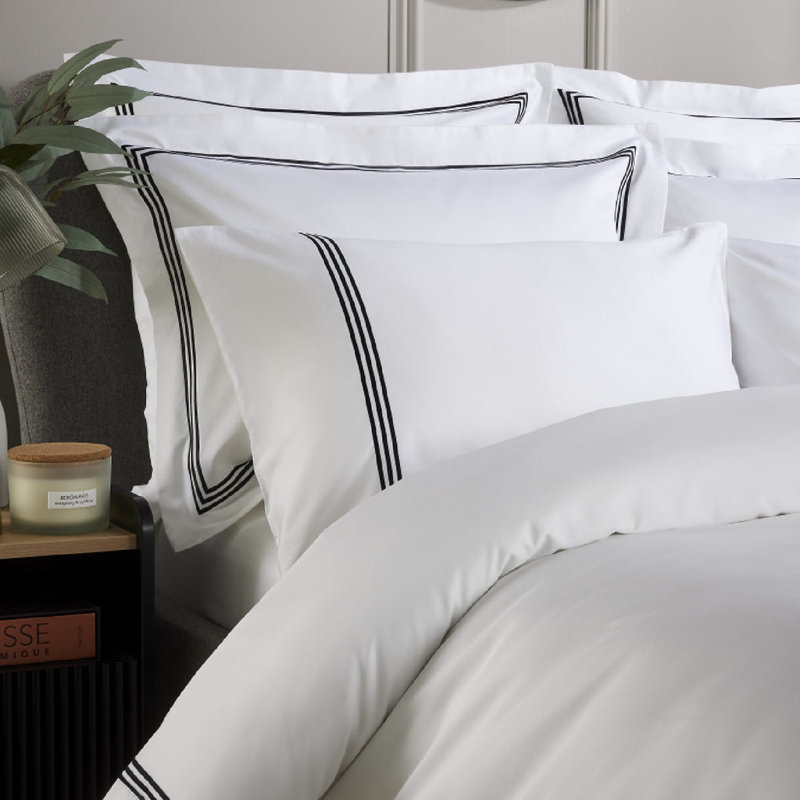 Cate 800 Thread Count Triple Row Cord Embroidered Sateen Pillow Cases, White/Black