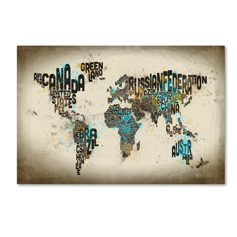 « map of the world aquarelle iii », reproduction d’impression sur toile tendue, H 16 po x l 24 po x P 2 po