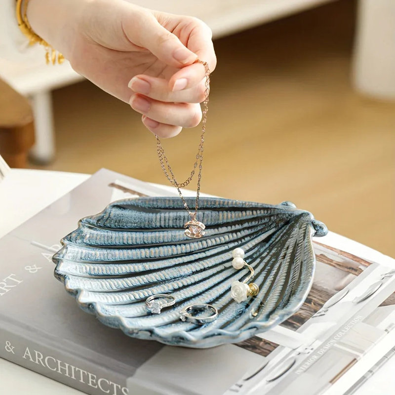 Jewelry Tray - Dual-Color Ceramic Starfish, Blue, Scallops