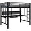 Lit mezzanine double poste de travail complet en noir, avec échelles, garde-corps et espace de travail spacieux pour lit de productivité, finition noire, plateau de rangement pour clavier