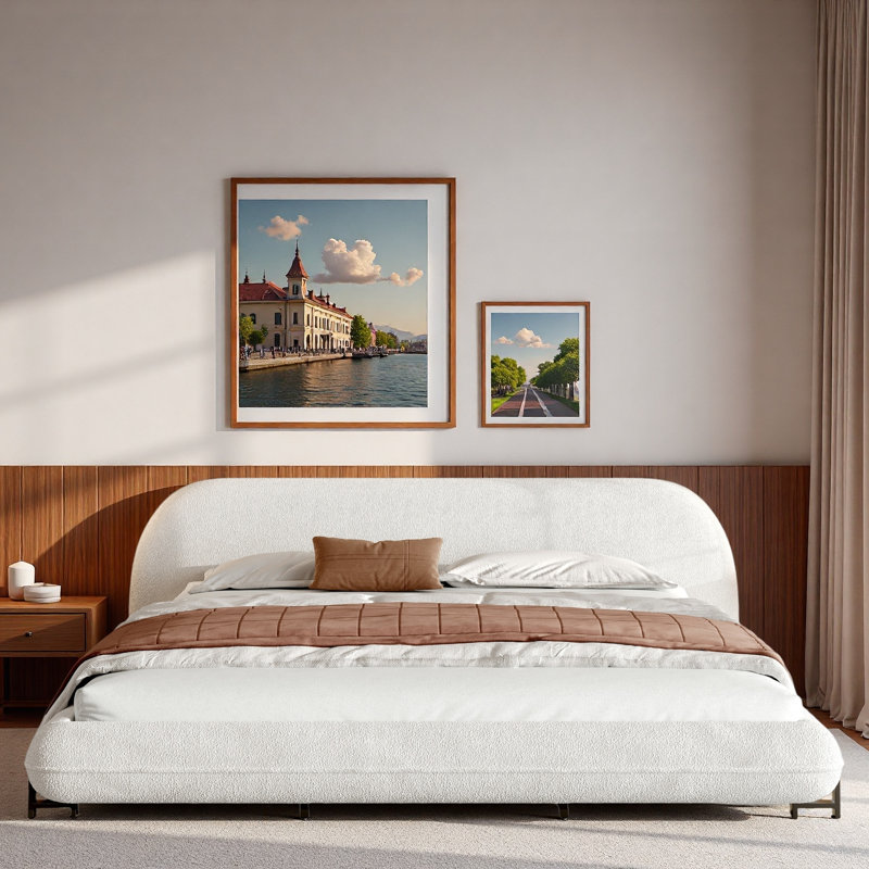 Lit plateforme tapissier avec tissu bouclé, Très grand