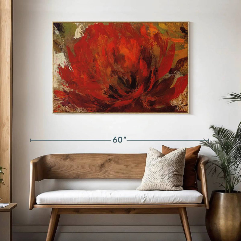 Fiery Dahlias II, 46" X 31", Floating Frame Natural Wood