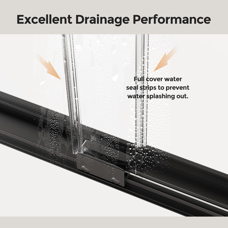 Porte de baignoire coulissante double semi-sans cadre l 56 à 60 po x H 58 po, verre trempé 1/4 po (6 mm), installation réversible, conception imperméable, noir mat