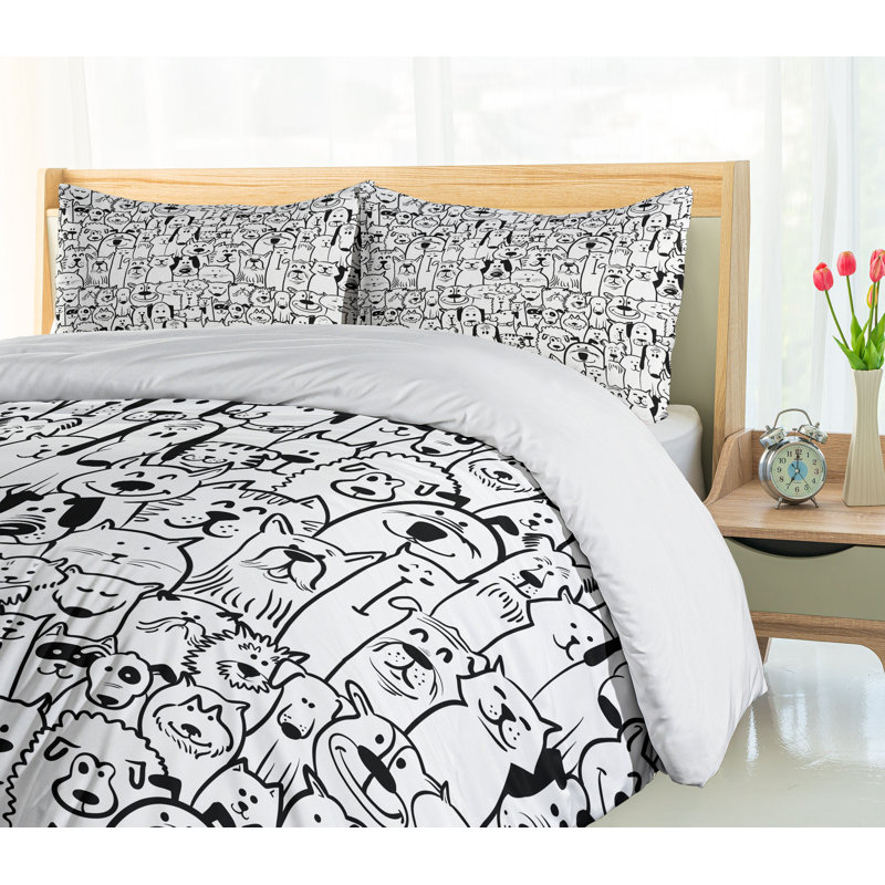 Queen Size Black and White Cartoon Pet Duvet Cover Set