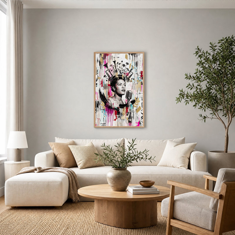 «Jazz Singer with Vintage Microphone and Abstract Drips», art mural sur toile, H 48 po x l 36 po