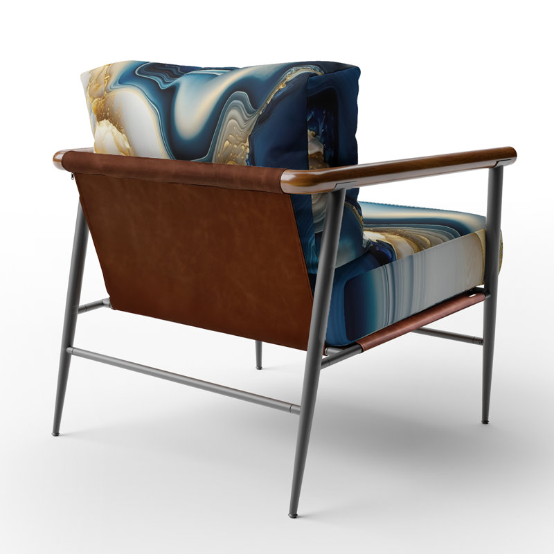 Chaise d'appoint rembourrée et abstraite à motif géométrique abstrait en marbre bleu et or II, Noir