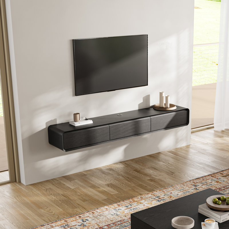 Meuble télé suspendu, centre multimédia avec 3 tiroirs, bois massif, entièrement assemblé, Noir, noir, noir, noir, 62.99''