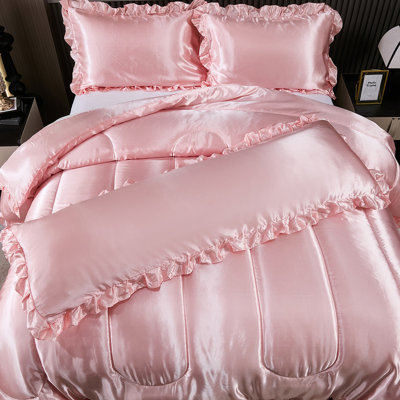 Satin Queen Comforter Set Silk Like Pink Bedding 4 Pcs Hotel Soft Polyester Bed Set Luxury Silky Body Pillow Cover Ruffle Home Decor