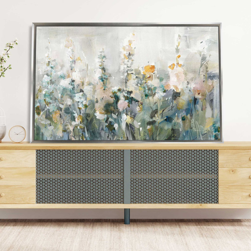 Jardin rustique neutre - Peinture, L 33,5 po x H 21,5 po, Encadrement argenté