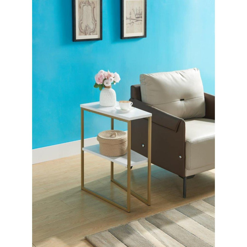 Wedge Shape Chairside Table End Table Snack Table Side Table One Shelf Metal Frame For Between Two Arm Chairs White Table Faux Gold Metal Legs Side Table