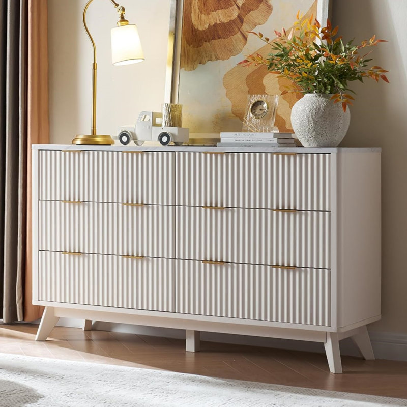 Sladen Fluted Design 6-Drawers Dresser Organizer, Wood Wide Chest of Drawers, White