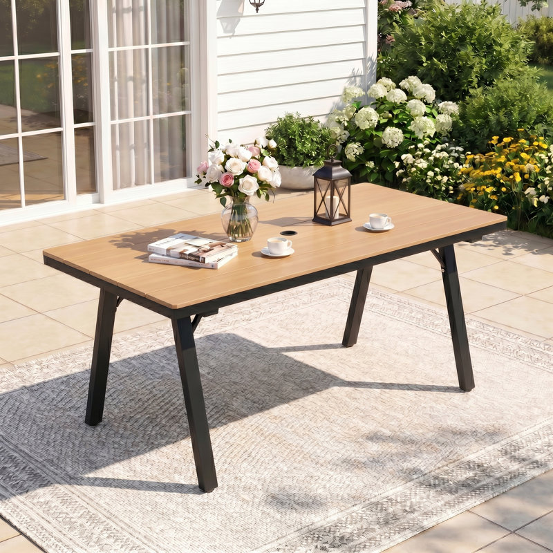 Chamblee Outdoor Rectangle 67 Inch Aluminum Alloy Dining Table For Patio, Teak