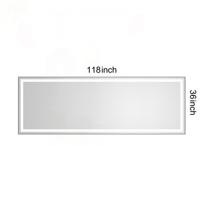Large LED Bathroom Mirror with Aluminum Frame & Anti-Fog, 118x36 Inch