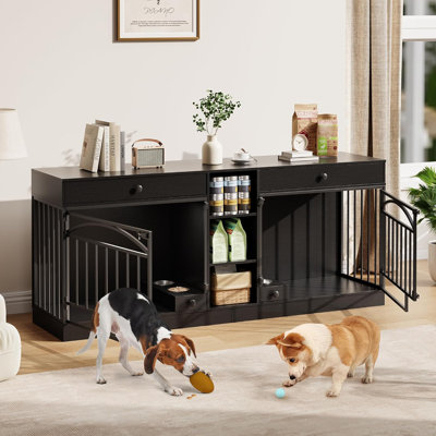 Double Dog Crate Furniture with Storage & Feeding Bowls, Indoor Kennel TV Stand for Small/Medium Dogs, White
