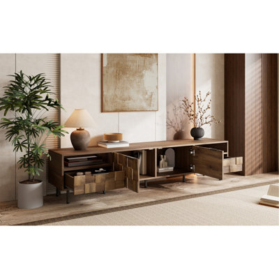 Meuble télé Mid-Century avec 2 tiroirs, console multimédia pour téléviseur de 85 po ou moins, centre de divertissement avec rangement pour le salon, la chambre à coucher et le cinéma maison