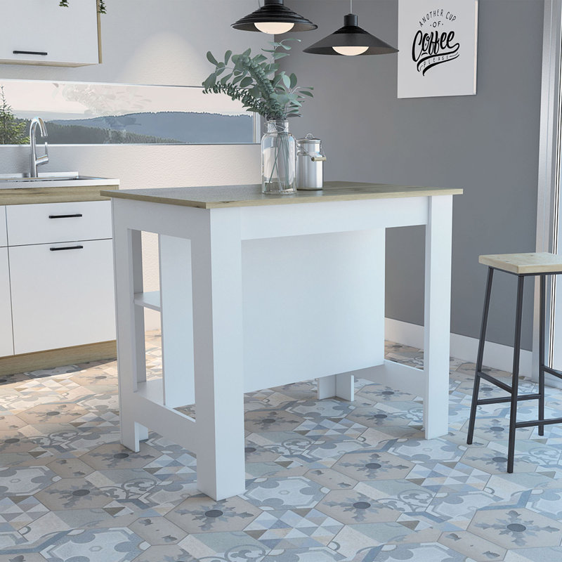 Îlot de cuisine, quatre pieds, trois tablettes, Blanc, Bois naturel / gris