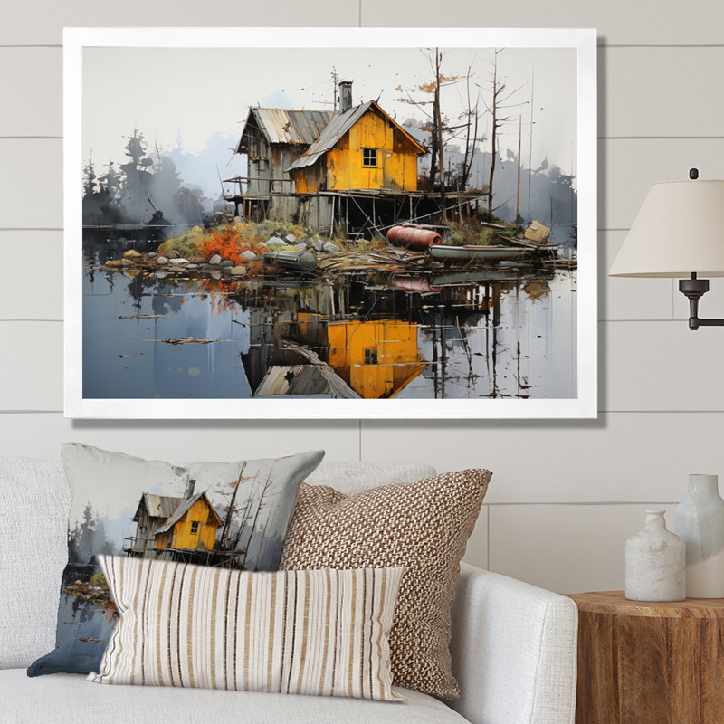 Yellow Lakehouse Pier Reflections II - Landscapes Canvas Prints, H 24 po x l 32 po x P 1 po, Cadre photo blanc