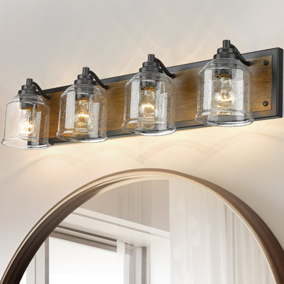 Modern Farmhouse Dimmable Bathroom Vanity Light with Seeded Glass and Wood-Grain Veneer Backplate