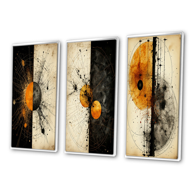 «Harmony Circular Abstract Orange White Black II», 3 pièces sur toile, Cadre flottant blanc, H 28 po x l 36 po