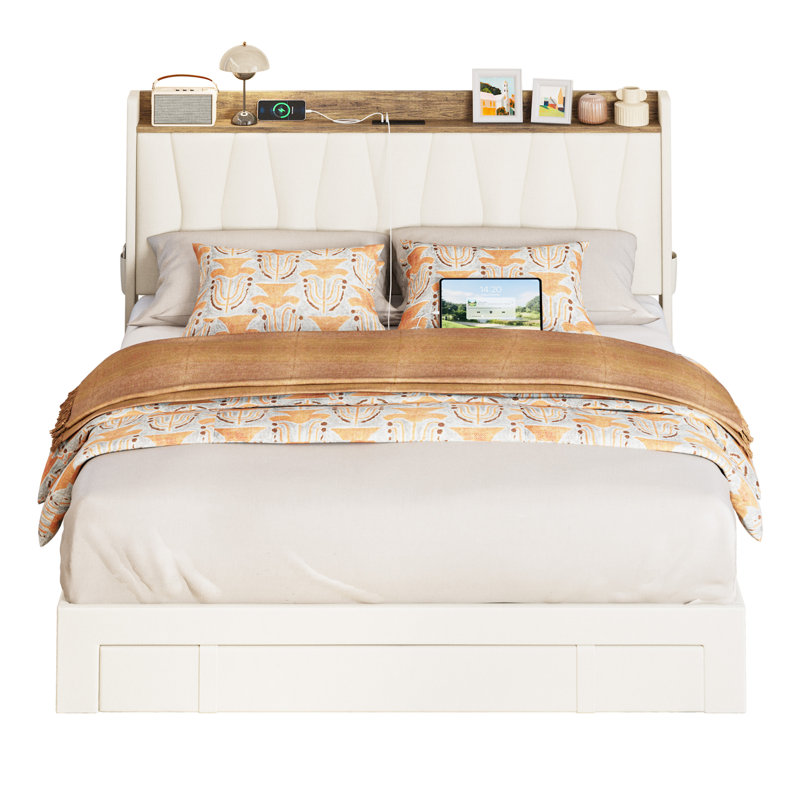 Upholstered Bed Frame with 3 Drawers, Bed with Storage Headboard and Charging Station, Queen, Beige