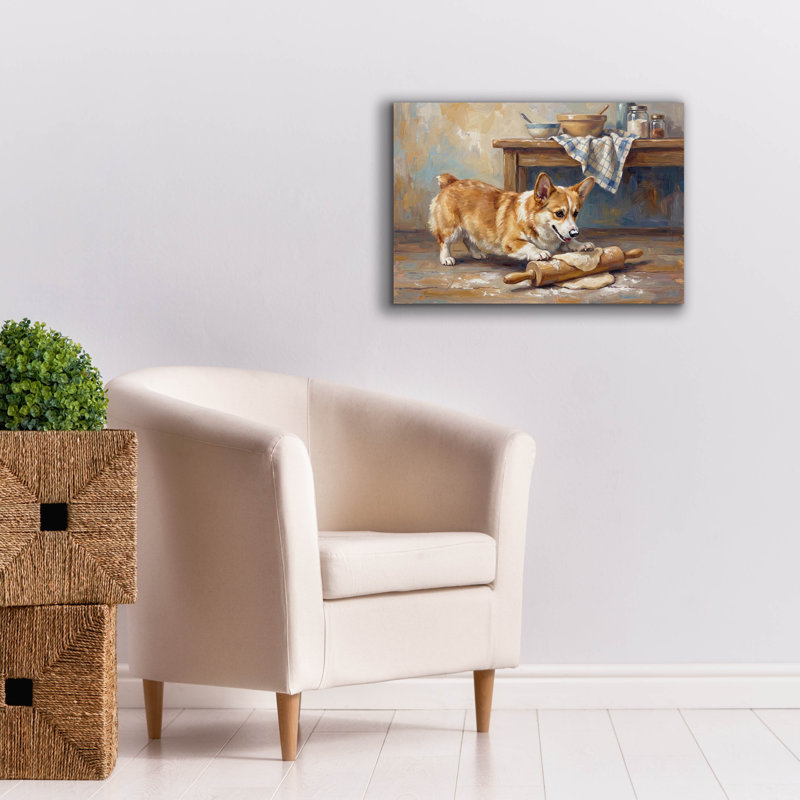  «Pembroke Welsh Corgi In The Kitchen» par Rich Monet, art mural sur toile, 26 po x 18 po