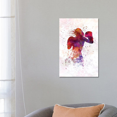 Woman Boxer Boxing Kickboxing Silhouette Isolated II by Paul Rommer - Wrapped Canvas Painting