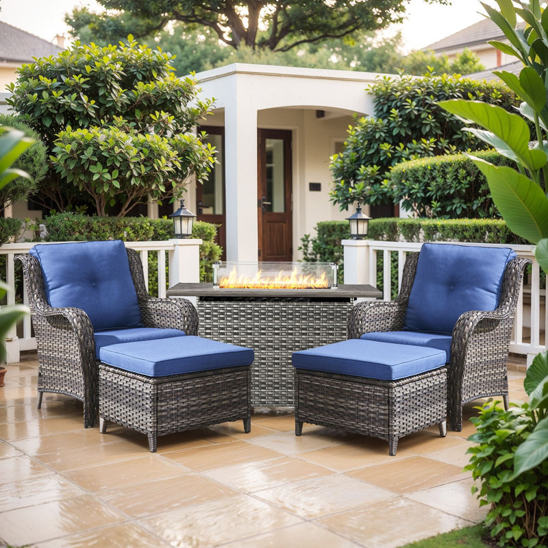 Wendye 5-Piece Outdoor Furniture Set, 2 Patio Chairs, 2 Ottomans & 55K BTU Fire Pit Table, Blue, Gray