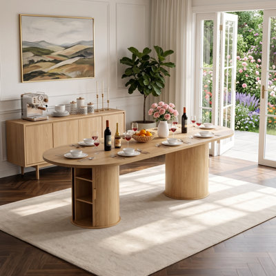 63"-94" Large Oval Extendable Dining Table for 6 8 10, Farmhouse Wood Kitchen Table with Fluted Storage Base