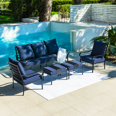 Ensemble de meubles de patio 5 pièces à structure en métal avec chaises fixes et repose-pieds multifonctionnel, coussins épais de 5,75 po pour la cour