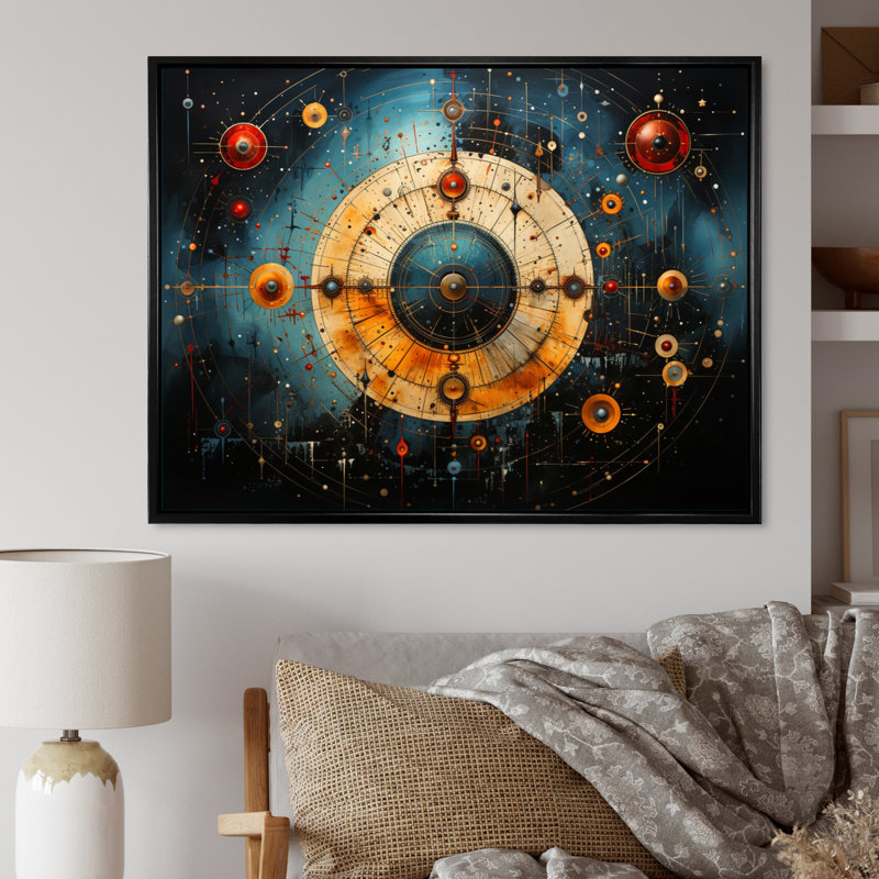 «Yellow Teal Astrology Celestial Alignment I», reproduction d'art sur toile encadrée, Cadre flottant noir